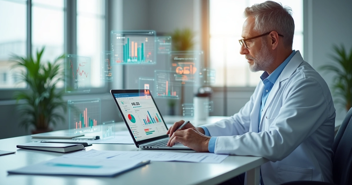 Dentista consultando documentos fiscais em escritório digital moderno com computador e gráficos financeiros na tela