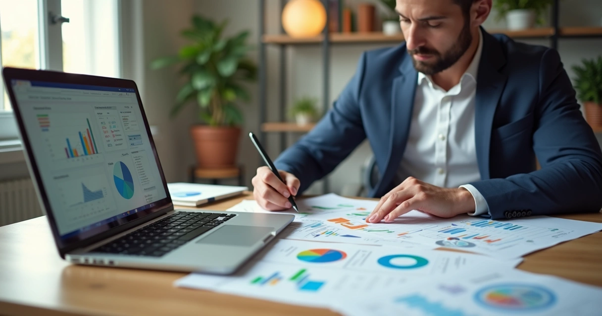 Homem analisando documentos financeiros e gráficos em mesa iluminada