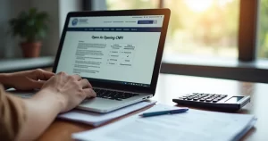 Pessoa utilizando computador para abrir CNPJ online com documentos e calculadora na mesa