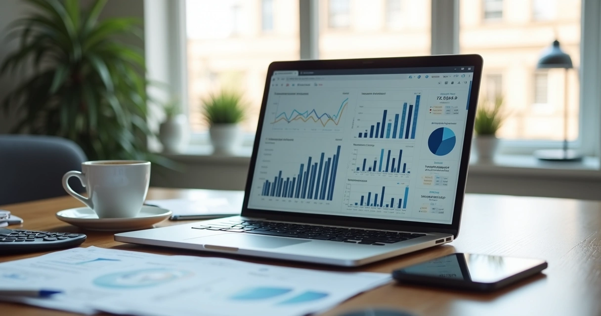 Mesa de trabalho moderna com laptop aberto mostrando gráficos financeiros e planilhas digitais, documentos fiscais organizados e uma xícara de café ao lado, ambiente de escritório claro e tecnológico