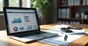 Mesa de escritório digital com laptop aberto mostrando planilhas fiscais, calculadora, documentos e gráficos financeiros organizados