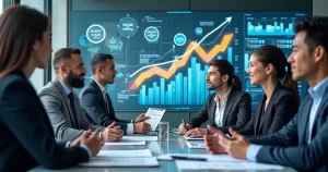Ilustração de empresários analisando gráficos financeiros digitais sobre reforma tributária e Simples Nacional, com elementos visuais de impostos e tecnologia digital ao fundo