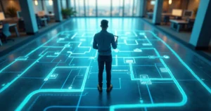 Profissional de marketing digital em frente a labirinto projetado com ícones fiscais e digitais