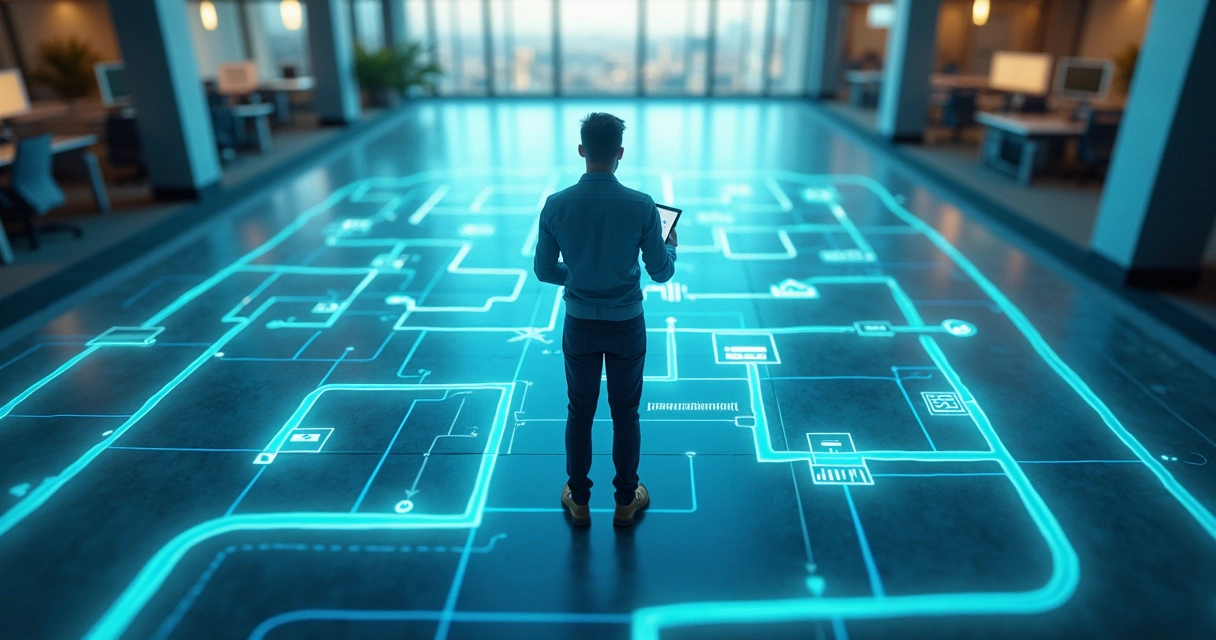 Profissional de marketing digital em frente a labirinto projetado com ícones fiscais e digitais