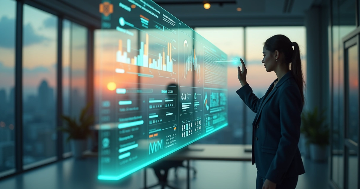 Empresária ajustando controles fiscais em painel holográfico futurista