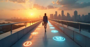 Empreendedora caminhando por estrada ilustrada em forma de infográfico tributário
