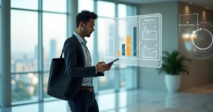Representante comercial em reunião com gráficos de faturamento e impostos